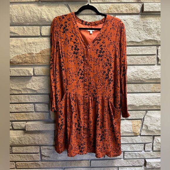 Garnet Hill Shirtdress Floral Print Drop Waist Pockets Rust Navy 12 - Picture 9 of 11